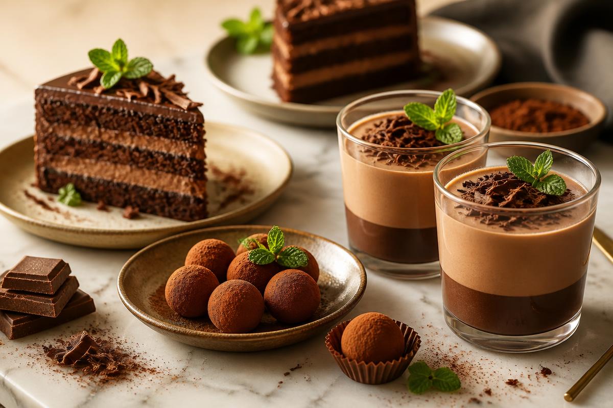 Elegant chocolate desserts spread on a marble surface
